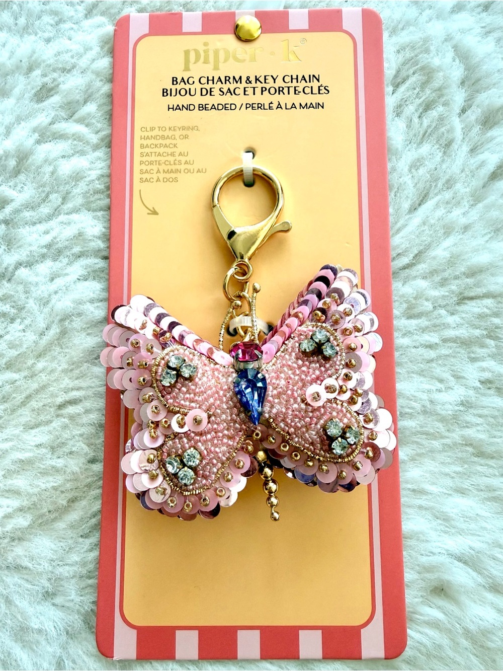 🦋 Piper K pink beaded butterfly bag charm & key chain